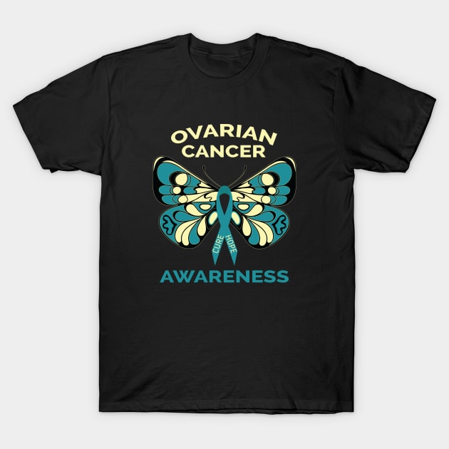 Ovarian Cancer Awareness Butterfly Teal Ribbon T-Shirt by mstory